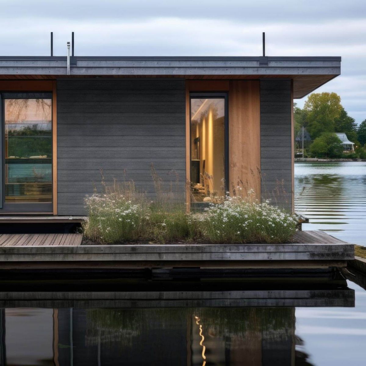 Modernes Hausboot in grauer Holzoptik