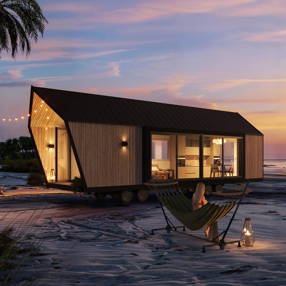 Ein modernes TinyHouse am Strand, das mit eleganten Kunststoff-Fassadenpaneelen in Holzoptik verkleidet ist